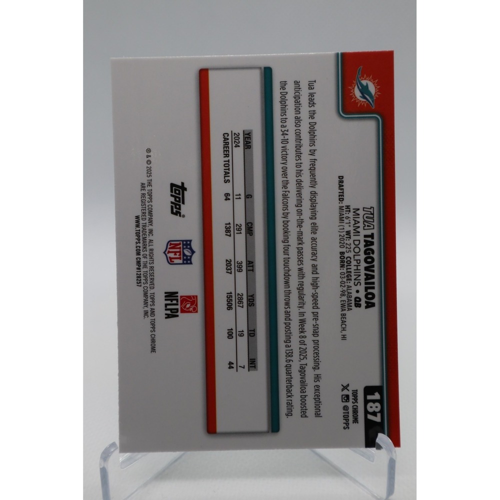 2025 Topps Chrome Football Base #187 Tua Tagovailoa Dolphins - Picture 2 of 2